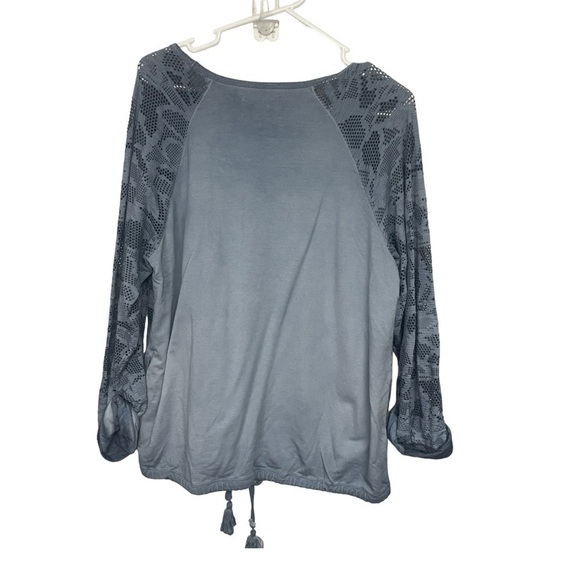 Saturday Sunday Anthropologie Blue Laser Cut Camo Top, Drawstring Waist, Small - Picture 4 of 11